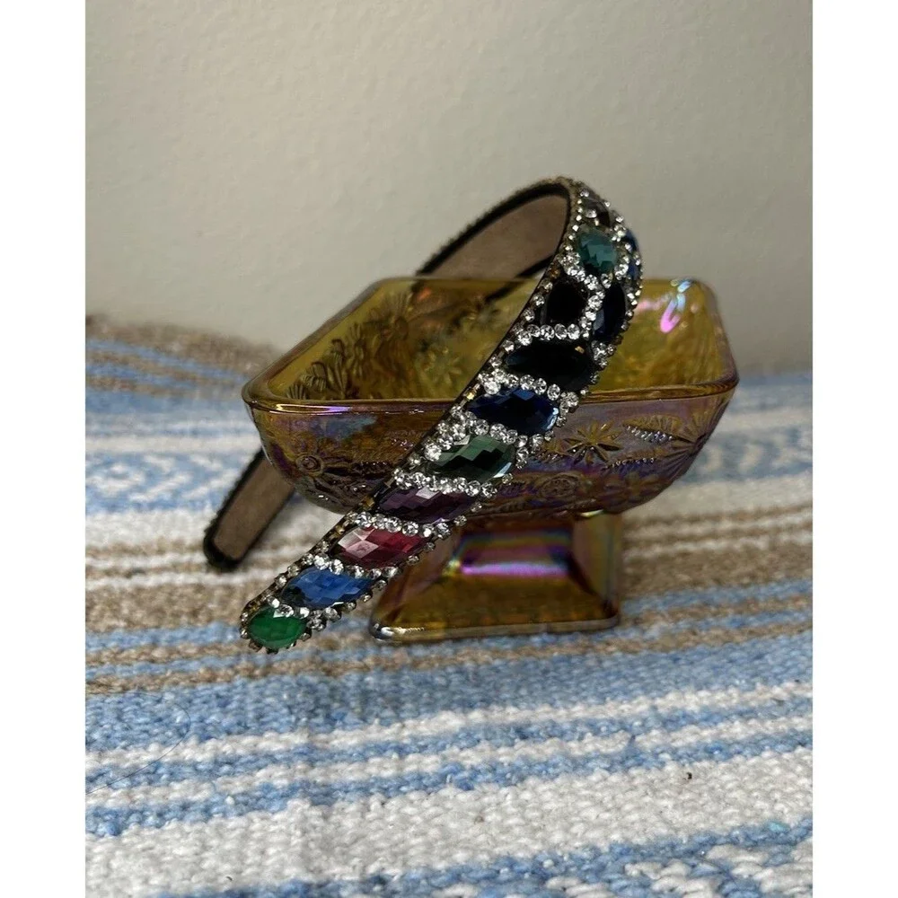 Colorful Jewel Baroque Crystal Rhinestone Headband Suede Interior Costume Whimsy